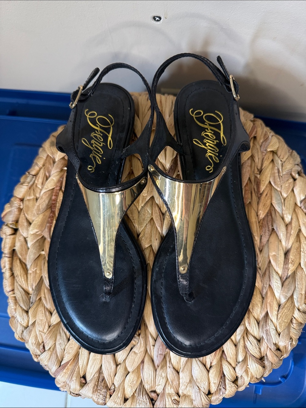 Fergalicious Black and Gold T-Strap Slingback Sandals